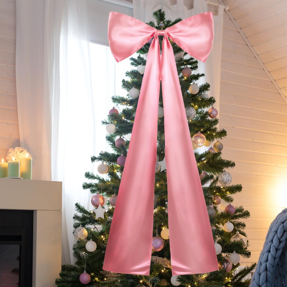 Mioyoow Pink Christmas Giant Bow, ​19.7" X 46.1" Christmas Extra Large Bows Vintage Xmas Tree Bow Ornament For Home Fireplace Wedding Birthday Party Celebration Present