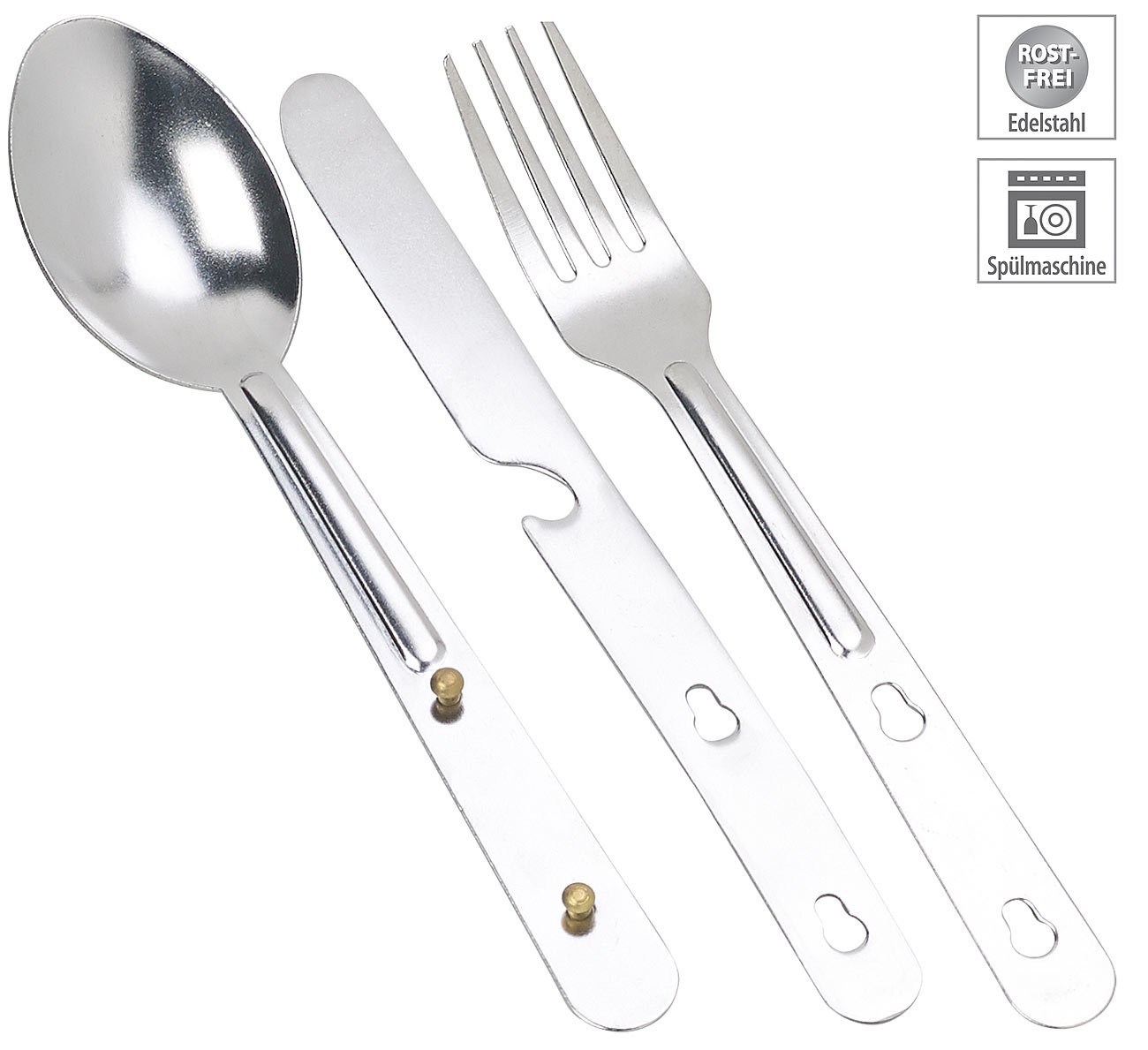 Semptec Urban Survival Technology Messer-Löffel-Gabel-Sets: 18-teiliges Edelstahl-Camping-Besteck mit Gabel, Löffel & Messer (Besteck-Reiseset, Reise-Sets)