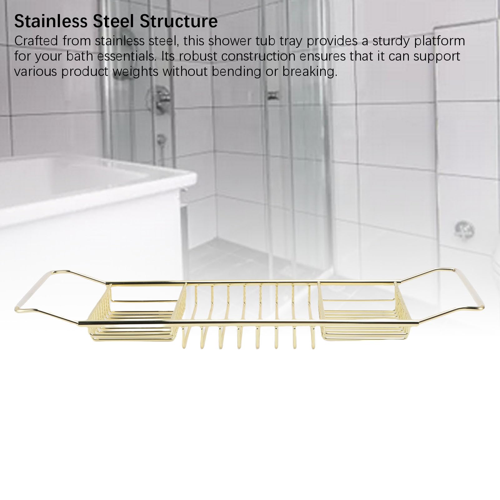 Bandeja de Acero Inoxidable para bañera, Bandeja de bañera expandible, Mesa para baño de Lujo, Mesa de bañera Ajustable, Carrito de Ducha, Organizador de baño, Accesorios (Oro)