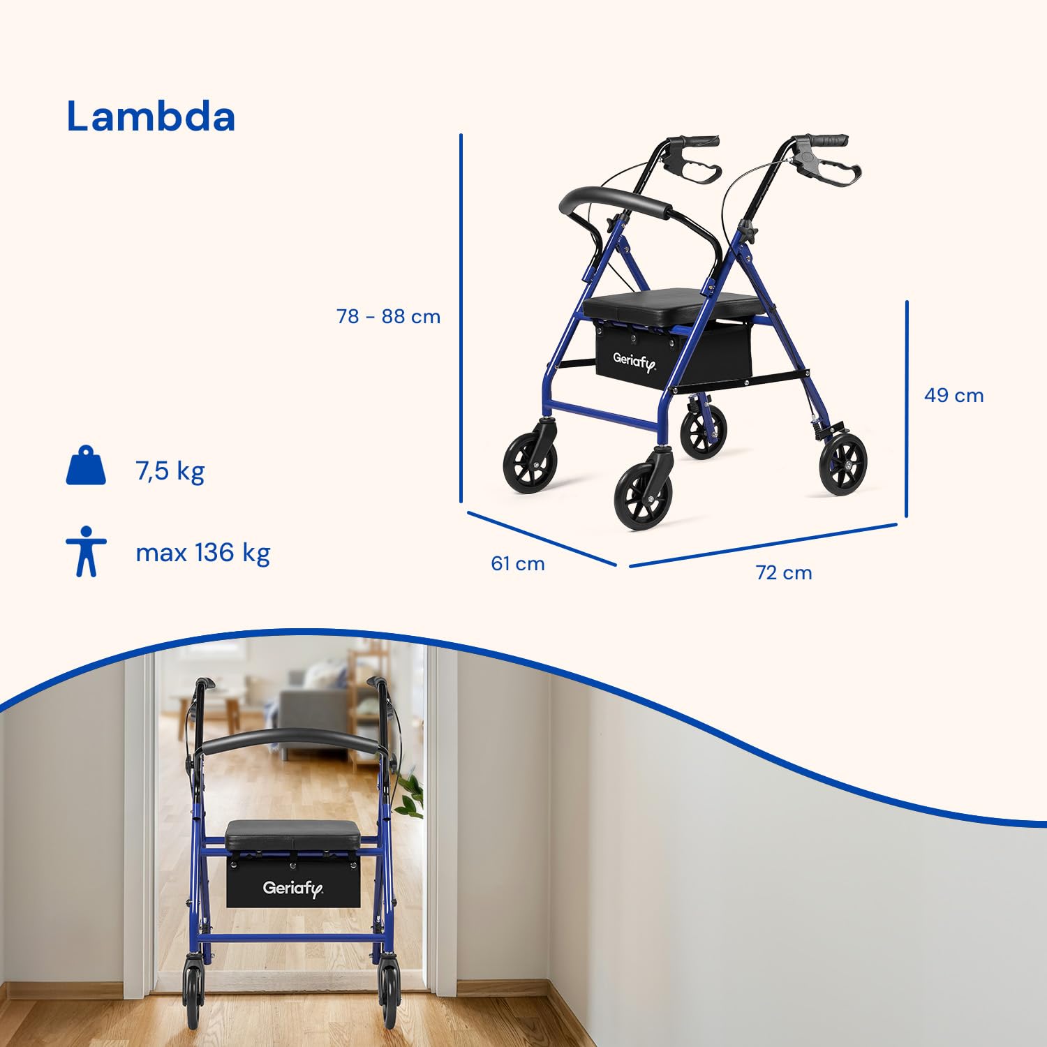 Geriafy - Deambulatore per Anziani Pieghevole e Leggero | Modello Lambda | Girello con Seduta e Freni a Leva | Rollator 4 Ruote (15 cm) e Cestino | DM Classe I (Blu)