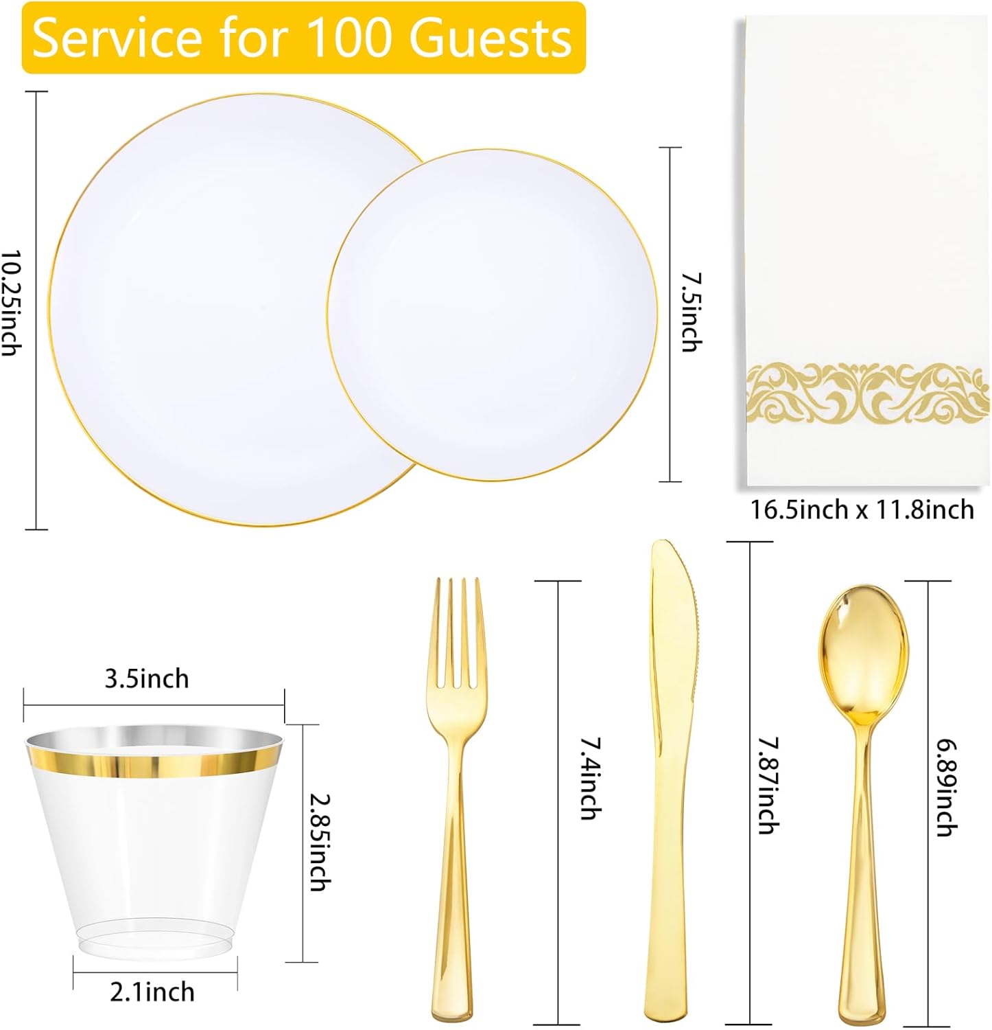 Supernal 700PCS Gold Plastic Dinnerware Set - Includes 100 White and Gold Plates Disposable, 100 Dessert Plates, 100 Plastic Silverware Set, 100 Cups 9 OZ, 100 Napkins Ideal for Wedding Party Birthday