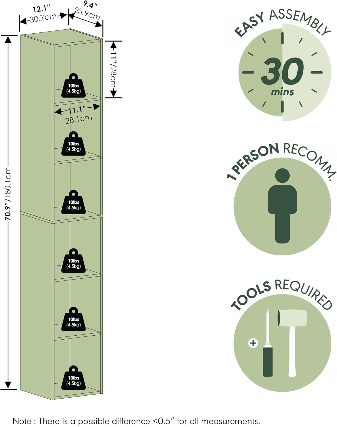 Furinno LUDER Book Shelf, 6-Tier Tall Modern Bookshelf, Bookcase with Open Shelves, 9.3 x 12 x 71, for Living Room, Bedroom, Home Office, White - Image 4