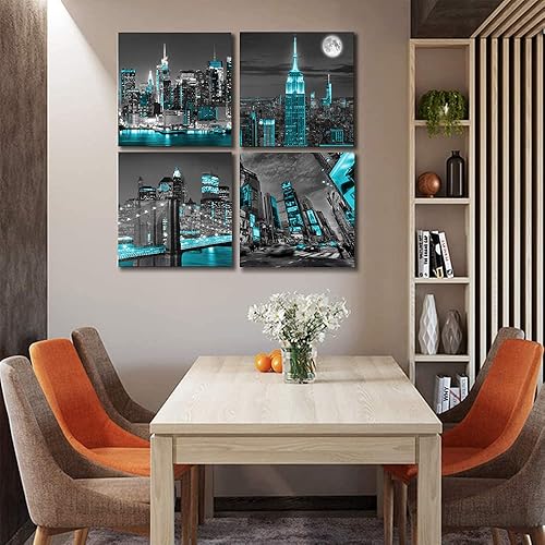 Miniatura 6 de AnZhongArt Lienzo de la ciudad de Nueva York para pared, diseño de puente de Brooklyn en blanco y negro, imágenes de edificio imperio azul, arte de