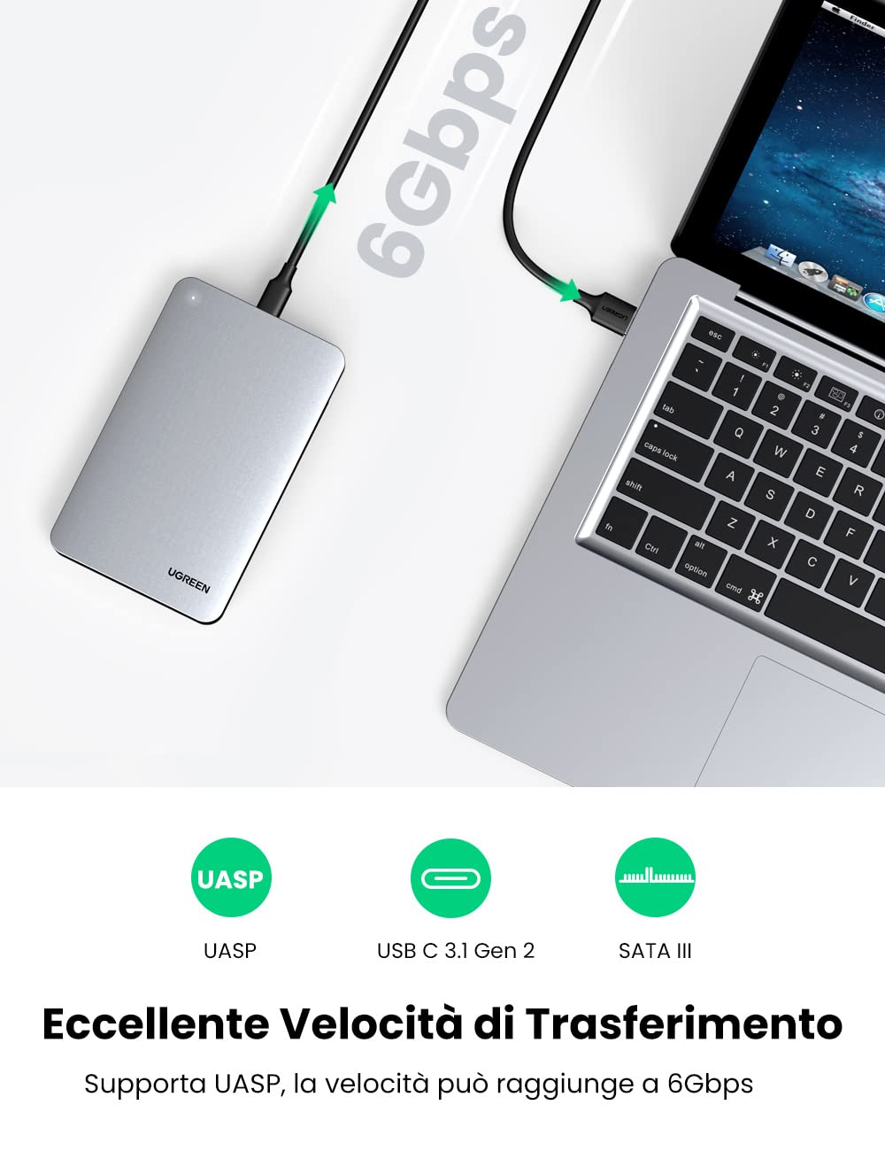 UGREEN Case Esterno per Disco Rigido 2.5" USB C 3.1 Gen 2 UASP 6Gbps Case Hard Disk Esterno per 7mm e 9.5mm SATA I II III HDD SSD 2.5" da 6TB Compatibile with WD Toshiba Seagate Hitachi, PS4, Xbox