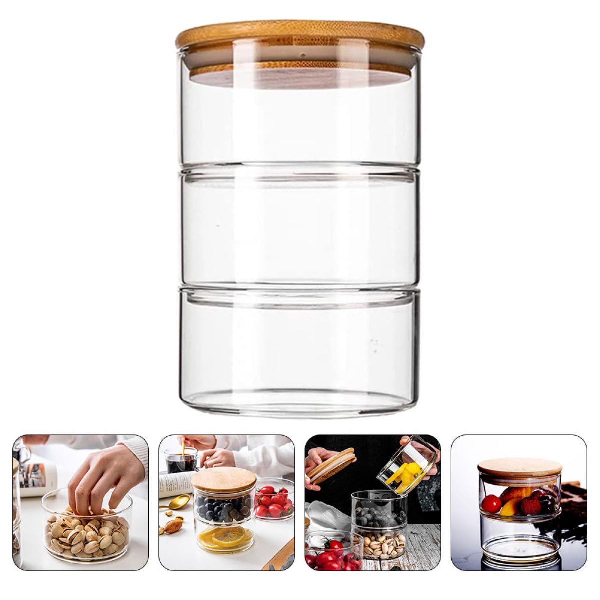 Bol de Ensalada de Vidrio con Tapa, Juego de 1, Bambú | Apilable y Ahorro de Espacio, Fácil de Limpiar, para Restaurantes y Decoración Fotográfica