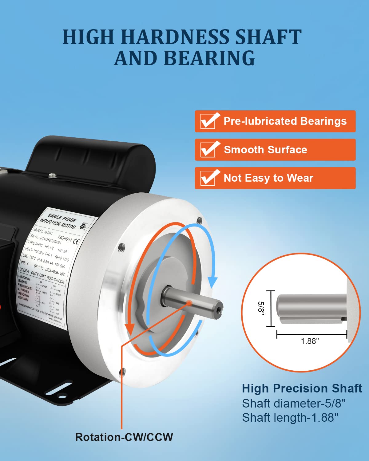 1HP Electric Motor Single Phase TEFC CW/CCW 60HZ, 3450RPM, IP55,115/230V, 5/8" Shaft Diameter