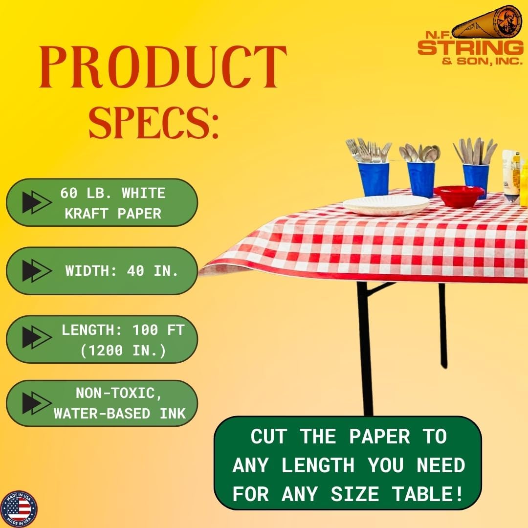 N. F. String & Son, Inc. Red Gingham Print Disposable Paper Table Cover 100' x 40" Roll