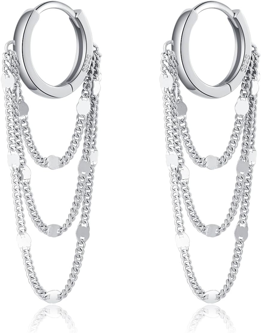 Reffeer Solid 925 Sterling Silver Chain Hoop Earrings Dangle for Women Teen Girls Tassel Chain Drop Earrings Huggie Dangle Earrings