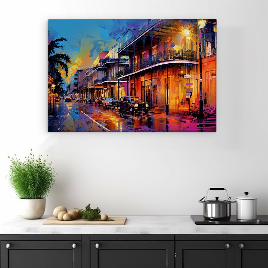 Canvas for Living room. Energetic Flair on Canvas Captures the Vivid Essence of Rain-soaked New Orleans, 27 x 18 inch Canvas Wall Art - Contemporary Masterpieces - Modern Home Decor