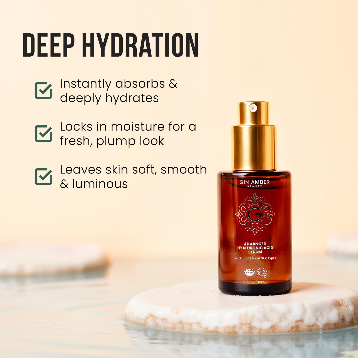 Hyaluronic Acid Serum for Face 1 fl oz, | Hydrating Facial Serum for Plumper-Looking, Moisture-Boosted Skin - Gin Amber Beauty