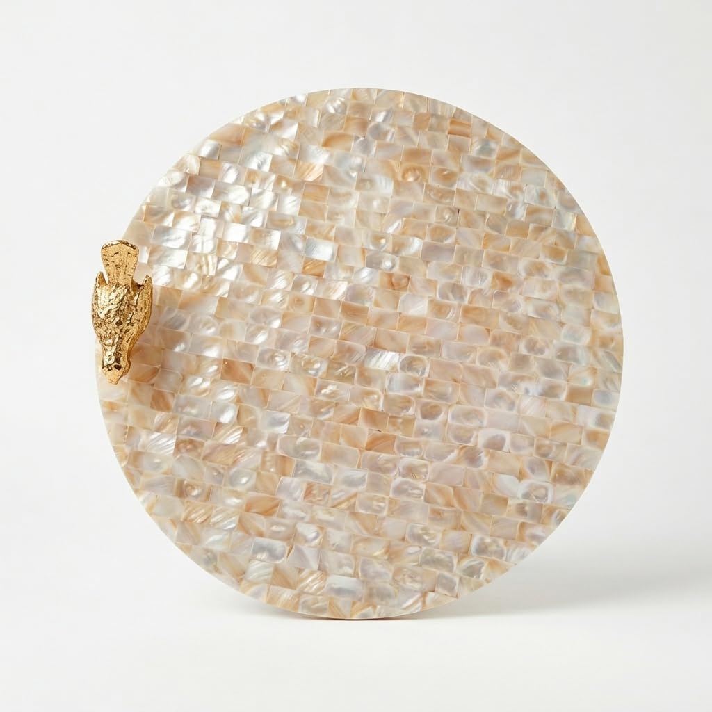 mother of pearl round tray with gold bird handle | premium decorative serving tray for home décor, coffee table & dining | luxury platter for serving, display & gifting