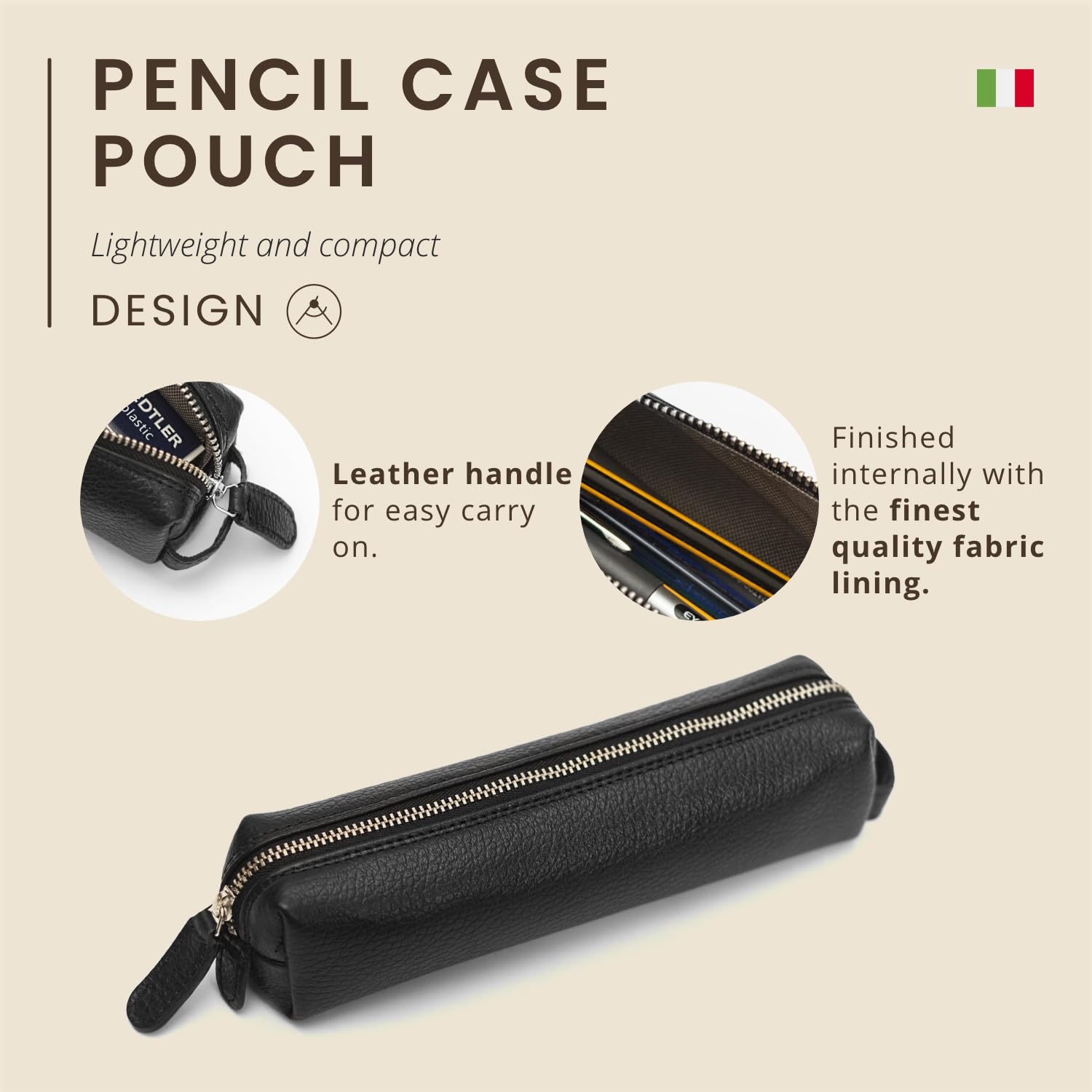 Astuccio Porta Penne in Pelle Martellata, Fatto a Mano in Italia - Elegante Portapenne Cuoio con Chiusura Zip, Porta Penne Astuccio in Pelle.