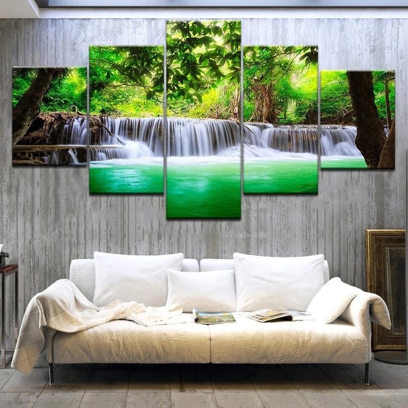Tableau Multi Panneau 5 parties Tableau sur Toile,Forêt,Cascade,Nature tropicale,tableau mural decoration salon moderne xxl,cadre,accroche cadre sans percer,Créatif...