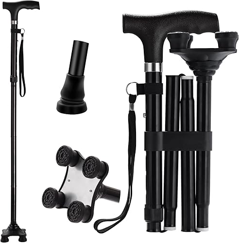 Bastón plegable de altura ajustable, base pivotante y puntas de repuesto para terreno, bastones ligeros para personas mayores