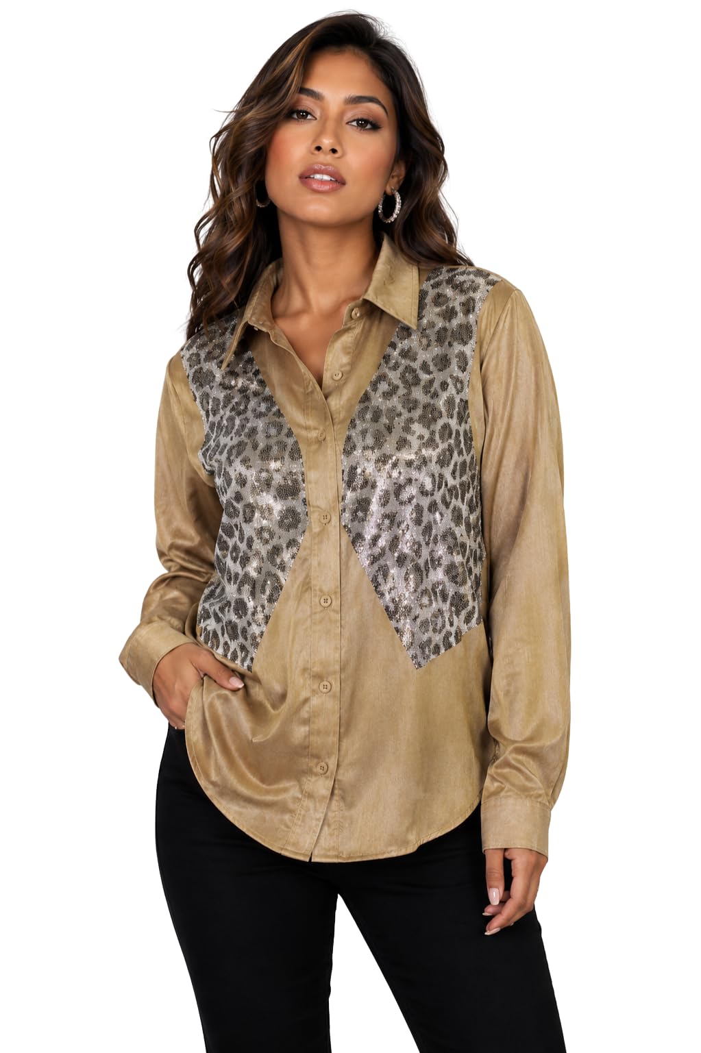 mad love Women's Brown Satin Sequin Embellished Shirt, Leopard Pattern Top, Full Sleeve Button Down Blouse, Designer Glam Casual Luxury Statement Top-picture-26