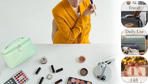 Miniatura 7 de kamumanni Bolsa de maquillaje de viaje, estuche de cosméticos con soporte para brochas de maquillaje, organizador portátil de piel sintética para