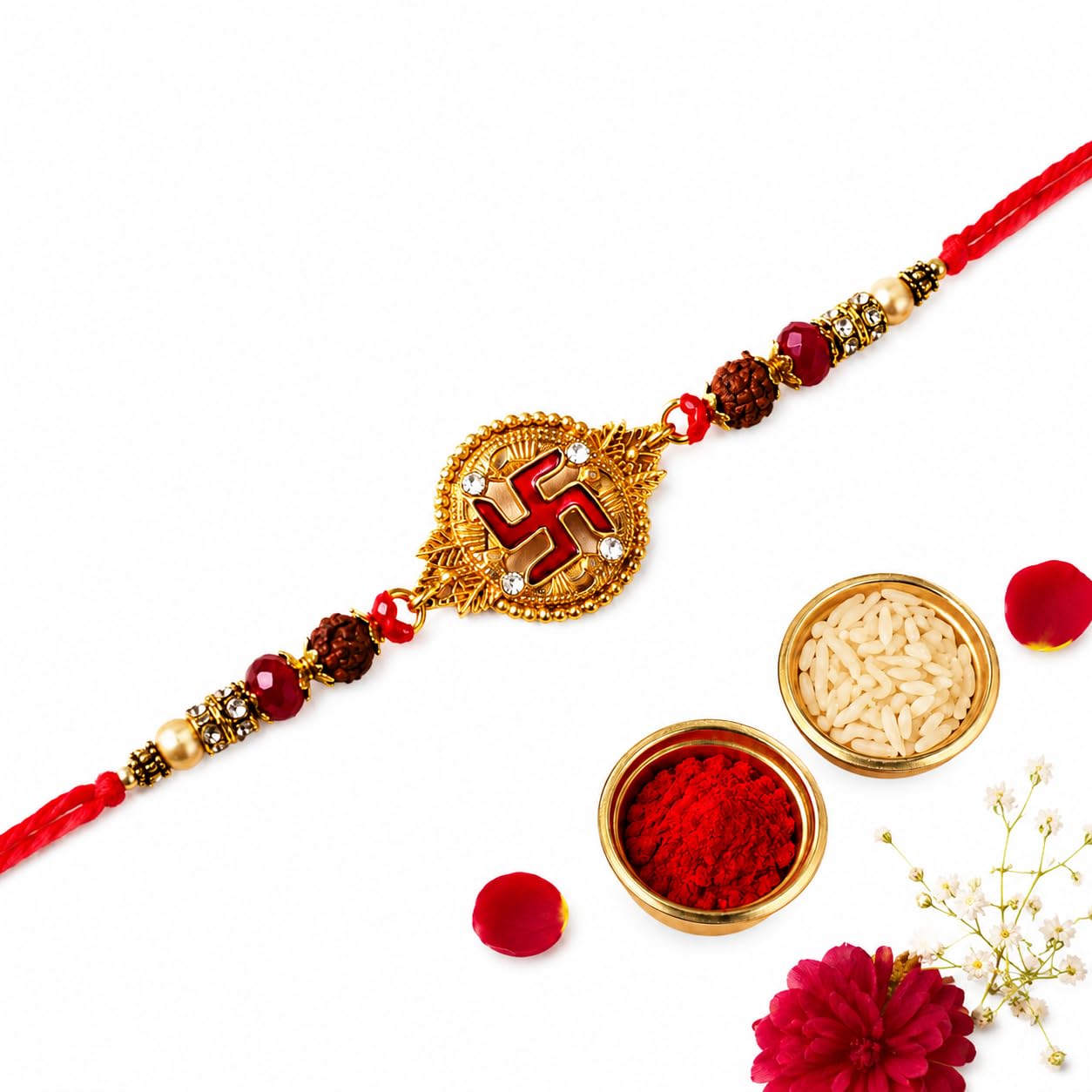Designer Swastik Motif Gold Look Rakhi for Brother with Roli Chawal Pack, Traditional Red Beaded Rudraksha Rakshabandhan Thread Gift for Bhaiya #R-49-image-33