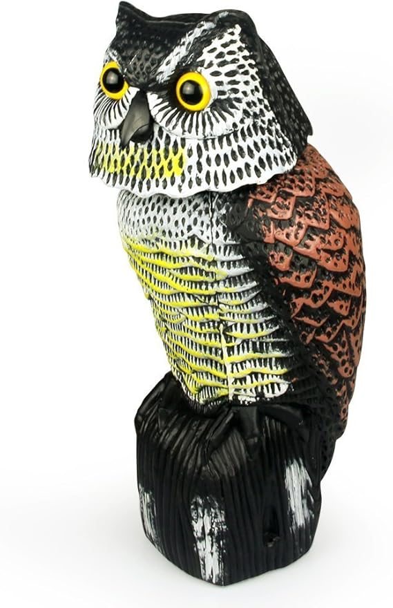 WARKHOME Horned Owl Pest Deterrent with Rotating Head Natural Scarecrow