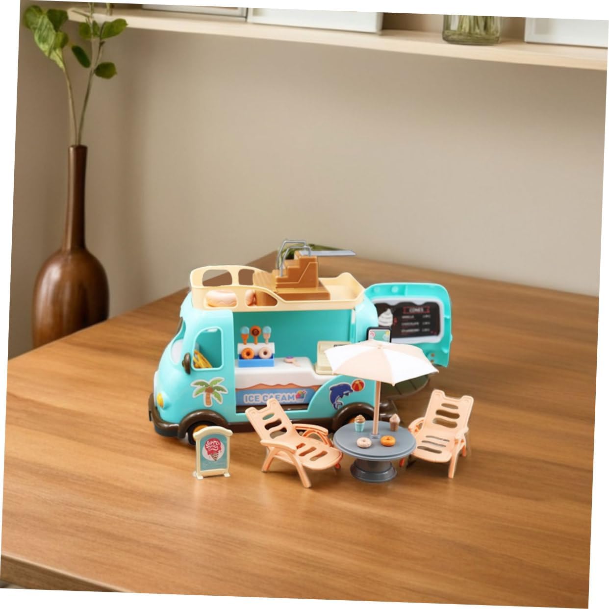 1Set Dollhouse Ice Cream Cart Play Set with Beach Chair and Umbrella Realistic Dessert for Role Play Portable Miniature Beach Accessories for Home Decoration