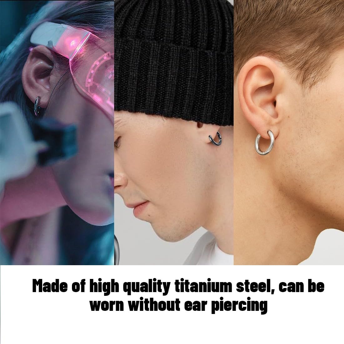 3 Paia Orecchini uomo, Orecchini da Uomo Donna in Acciaio Inossidabile,Clip Senza Buco Inossidabile cerchi orecchini non piercing clip in acciaio, Senza Buco