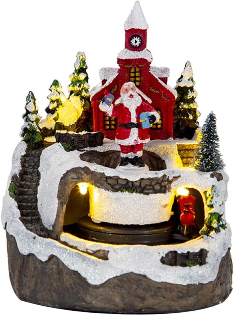 Housoutil Lighted Miniature Christmas Village House with Music and Train, Resin Desk Ornament with USB Charging and 3 X AAA Battery Power, Rustic Holiday Tabletop Decoration for Office Desk