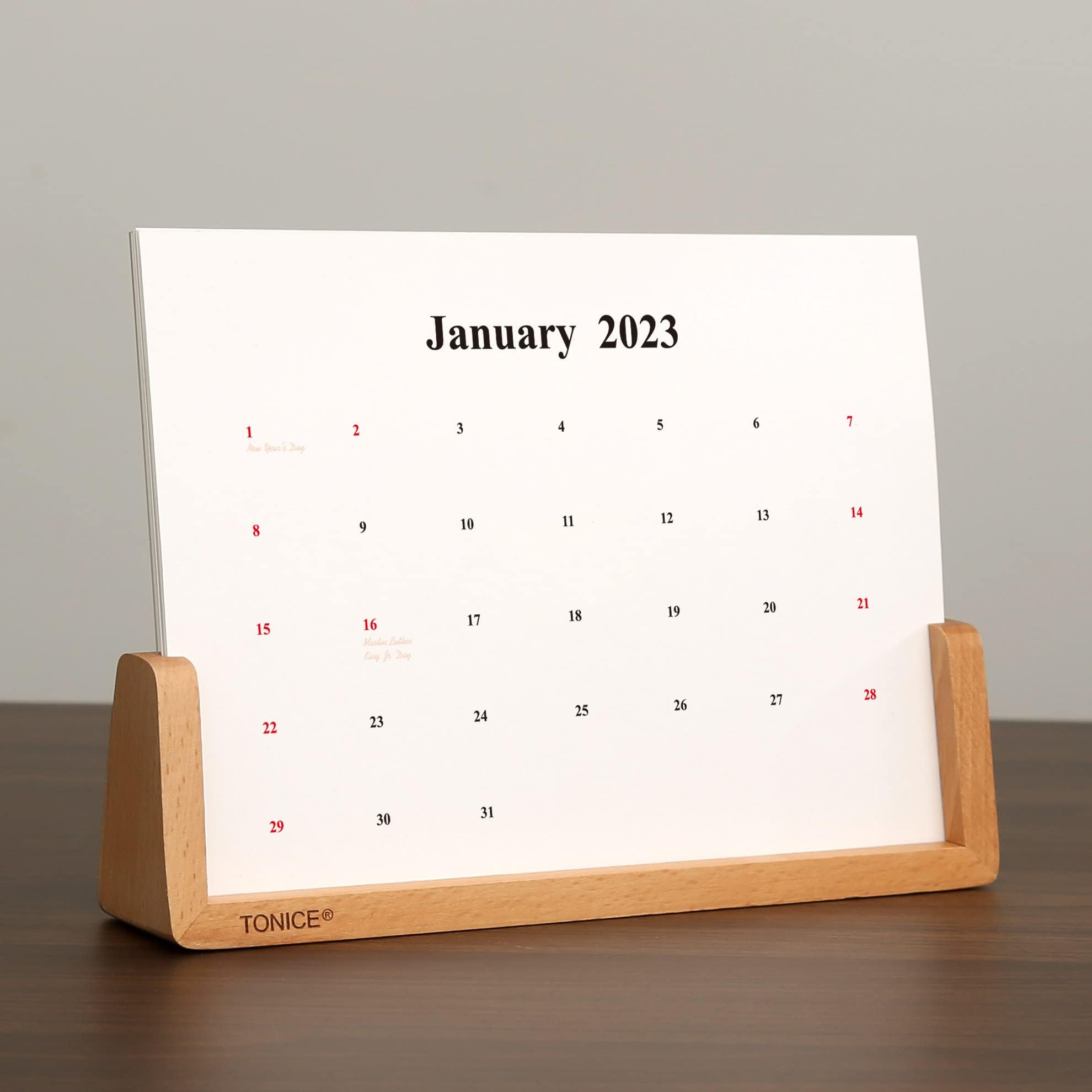 TONICE® 2023 Desk Creative Calendar with Holder Beech Wood Base 6x8 inch Horizontal 16 Months Calendar Gift for Classmates Colleagues Friends Family. (Horizontal with Base)
