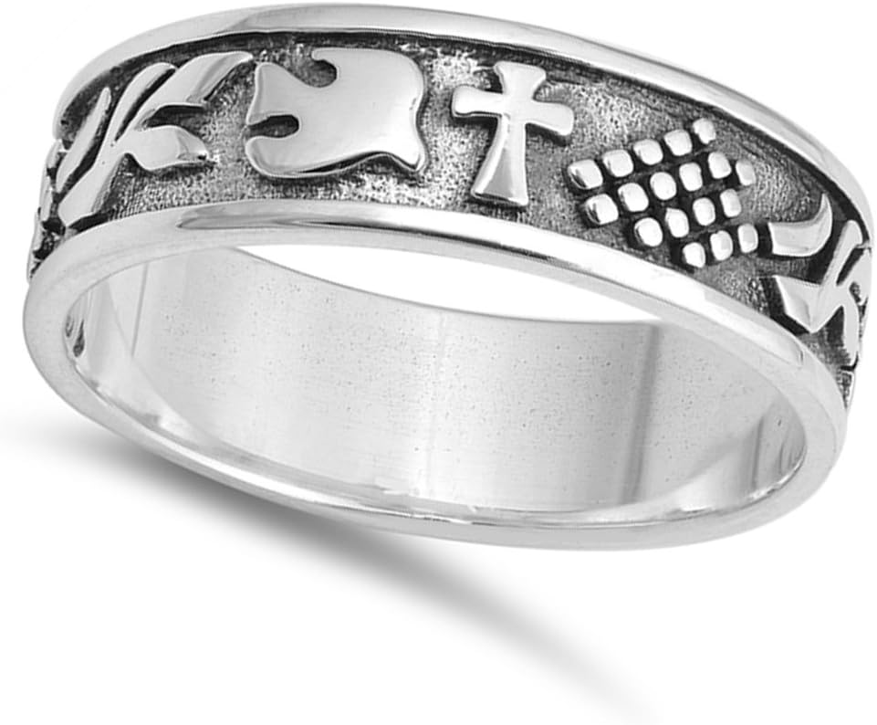 Oxidized Cross Dove Branch Peace Wedding Ring Sterling Silver Band Sizes 5-12