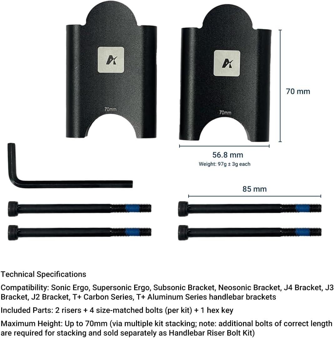 Aerobar Riser Kit Compatible with Profile Design – 70mm Height Adjustment for T+ Carbon, T+ Aluminum, ZBS, Sonic Ergo, Supersonic Ergo, J2/J3/J4, Subsonic Brackets – 31.8mm Clamp, Black