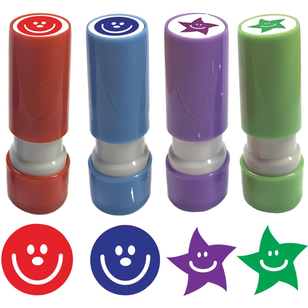 Stamps Direct Purple/Green/Blue Small Star (, ) And Smiley Face (,Red) Stampers - 8Mm Image. Ideal For Teacher Or Loyalty Stamps. 4 X Self-Inking Stamp Set