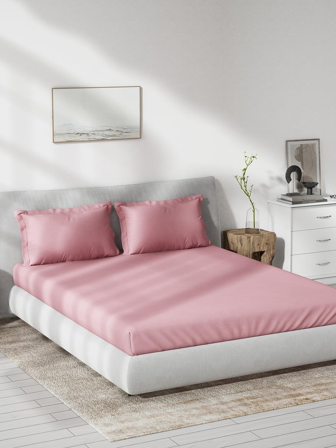 DDECOR Live beautiful Cotton King Fitted Sheet Set with 2 Pillow Covers (182 CM X 198 CM, Pink) Solid Plain Dyed 180TC-image-26