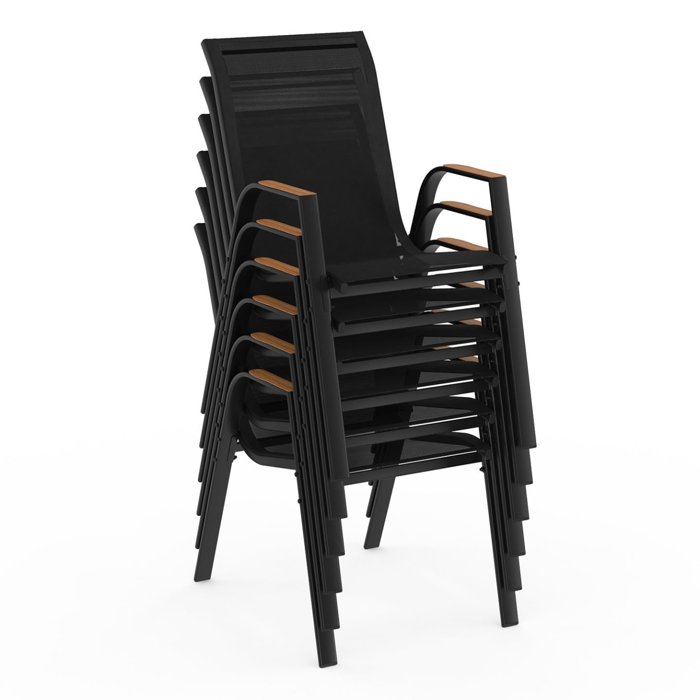 IDMarket - Salon de Jardin NOUMEA Table 190 cm Plateau Verre trempé Effet Bois et 8 chaises empilables Noir et Bois