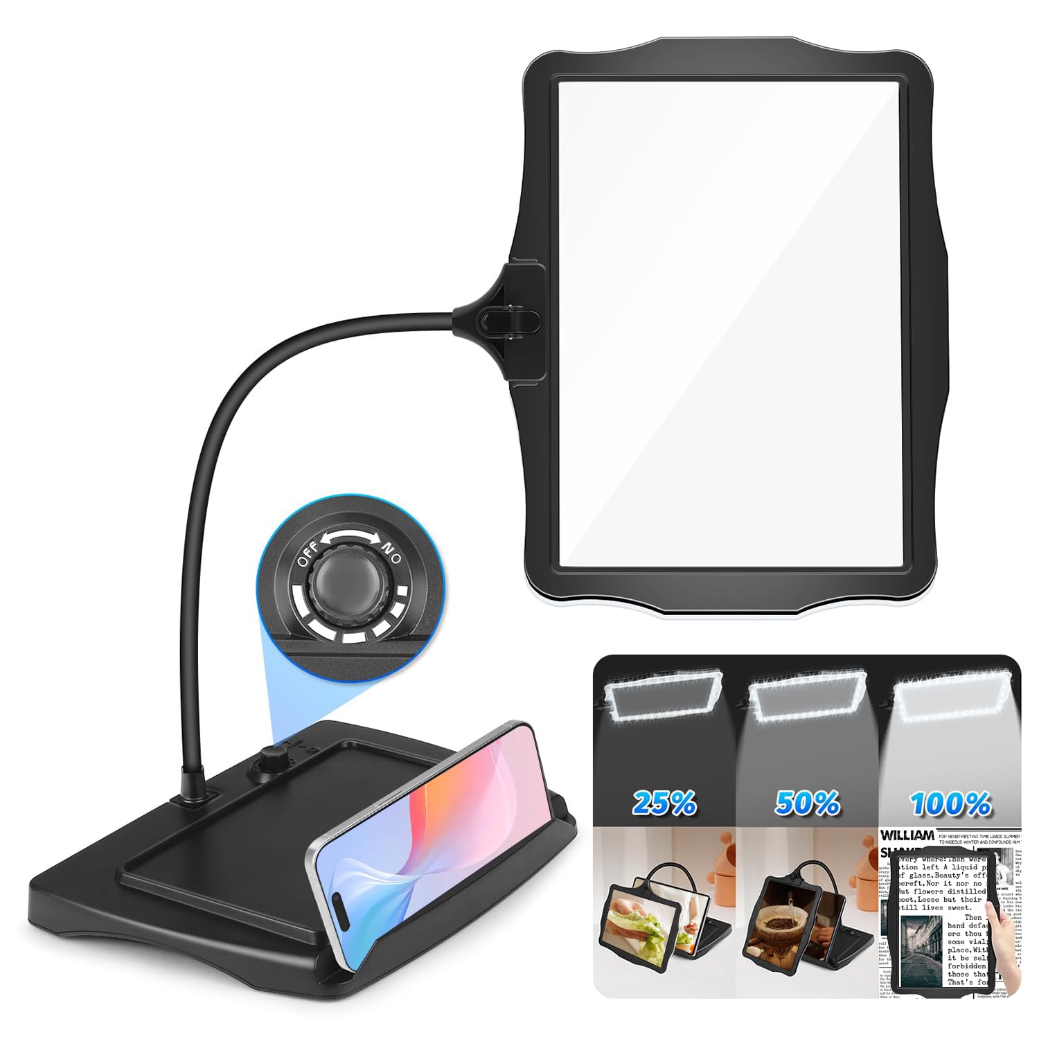 Angju Magnifiers, Magnifying Glass with Light for Reading, Rechargeable Full Page Reading Magnifier, Large Handheld Magnifying Glass, 3-IN-1 Gooseneck Magnifying Lamp for Seniors Close Work