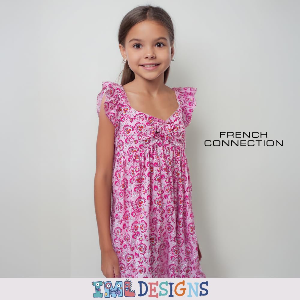 French Connection Vestido casual suave con estampado completo para niñas, vestido de verano con volantes y mangas voladas para niños