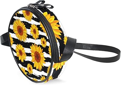 WellLee Yellow Sunflowers On Striped Pattern Round Crossbody Bag Circle Purse Messenger Bag