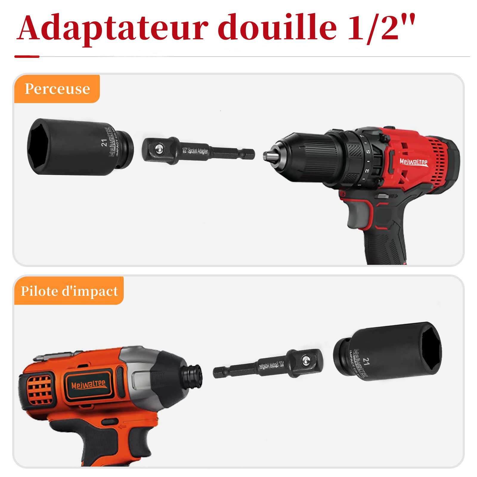 Jeu de douilles à chocs, Meiwaltee 20 Pièces 1/2" Douilles à chocs 6 Pans : 10-24 mm et barre d'extension 3'' 5'' 10'', acier Cr-MO avec revêtement phosphate noir，Douilles et Coffrets,Métrique