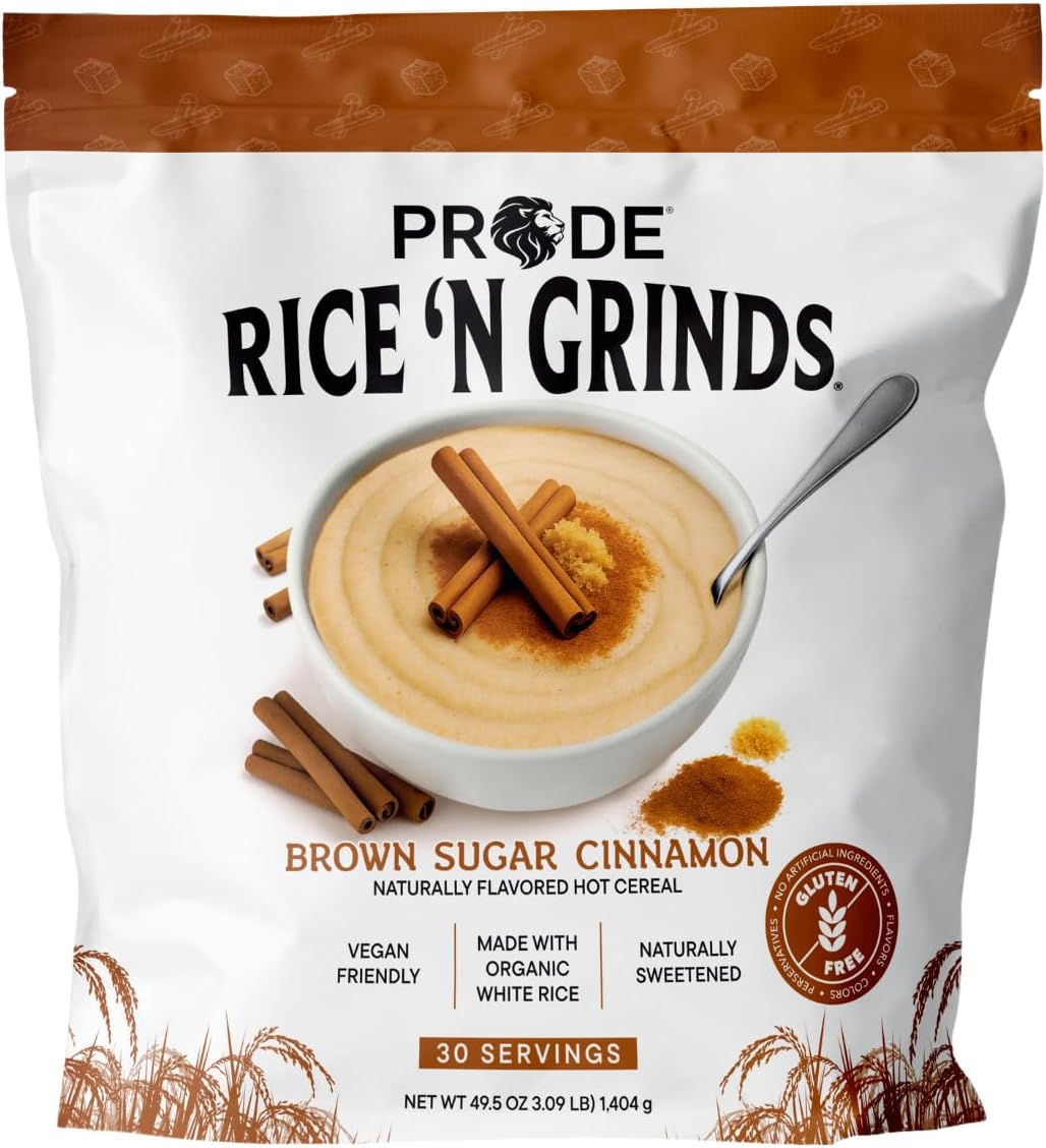 Pride Foods Rice 'N Grinds Hot Cereal - Gluten-Free, Non-GMO, Vegan-Friendly, Natural Rice Breakfast, Quick & Easy Hot Meal, Low-Fat Comfort Food, 30 Servings, Brown Sugar & Cinnamon