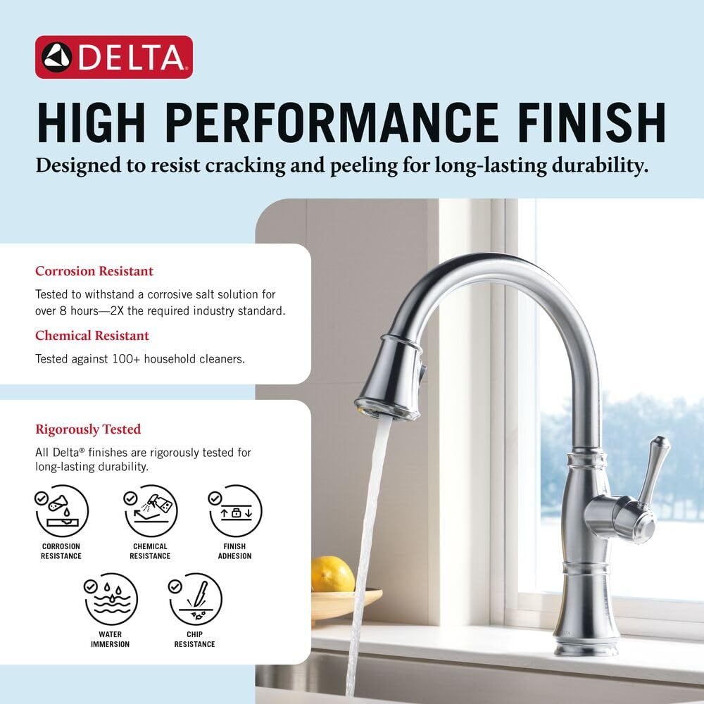 Delta Faucet Cassidy grifo de fregadero de cocina con pulverizador abatible, tecnología ShieldSpray y cabezal de pulverización de acoplamiento magnético, Lumicoat Arctic Stainless 9197-AR-PR-DST