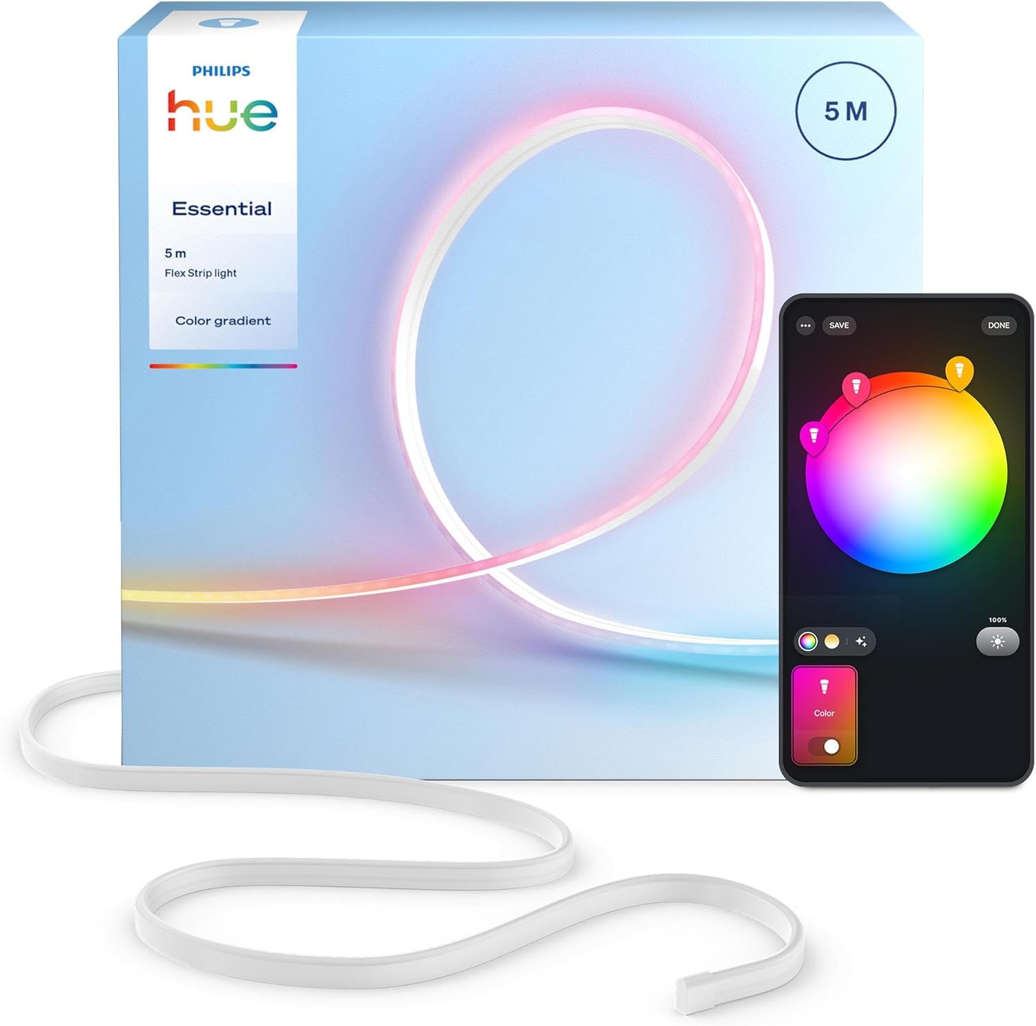 Striscia LED Hue Essential Flessibile, 5 m, RGBIC, Colori e Atmosfere Vivaci, Luce Flessibile per Interni, Installazione Facile, Controllo App e Voce, per Alexa, Google Assistant e Apple Home