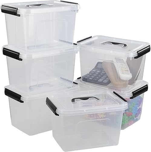 Wekioger Contenedores de almacenamiento versátiles de 6 cuartos de galón con asa y hebillas de cierre seguro, 6 paquetes de caja organizadora con