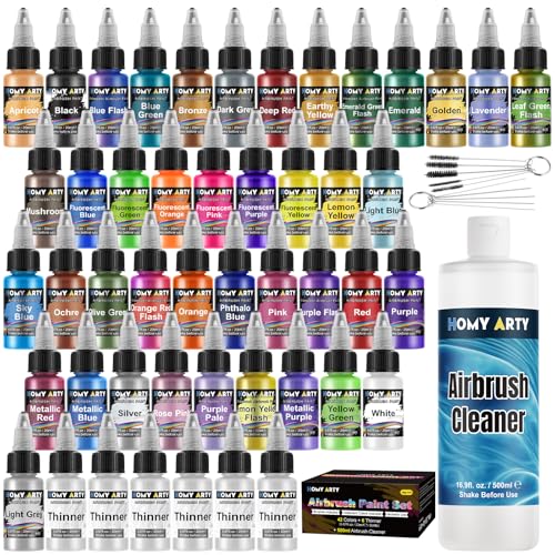 HOMY ARTY Airbrush Paint - 42 Colors with 6 Thinner & 16.9 fl oz Cleaner Kit with Brushes Airbrush Paint Set Ready to Spray Acrylic Air Brush Paints for Metal Plastic Models Canvas Wood