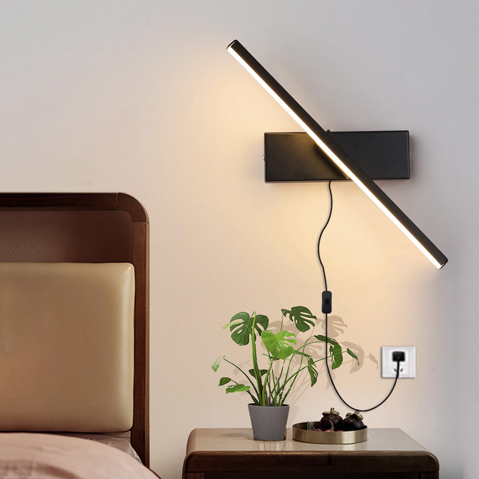 Aplique de pared LED negro de 30cm con enchufe e interruptor 8