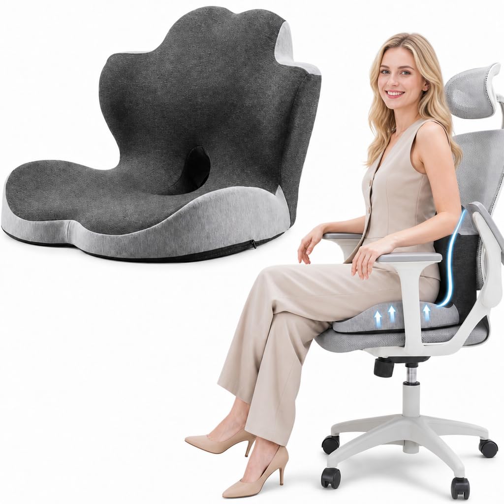 2-in-1 Memory Foam Seat Cushion & Lumbar Support Pillow, Ergonomic Car Seat Cushion for Driving, Office Chair, Sciatica & Tailbone Pain Relief | Non-Slip Pad for Truck Drivers, Home & Wheelchair