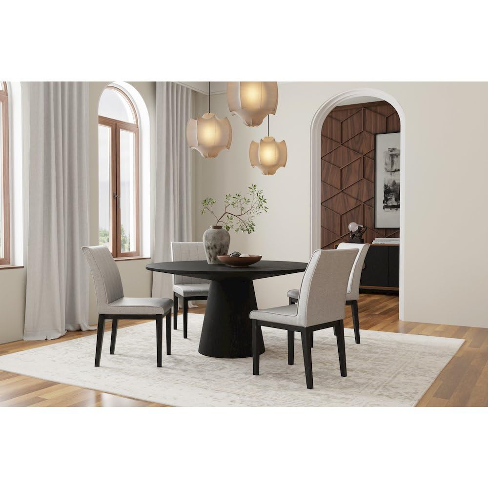 Alpine Furniture Brown Round Dining Table 59 Inches, Natural Finish with Tapered Pedestal Base, Solid Rubberwood Mindi Veneer, Seats 4-6 for Kitchen: Black 59 inch