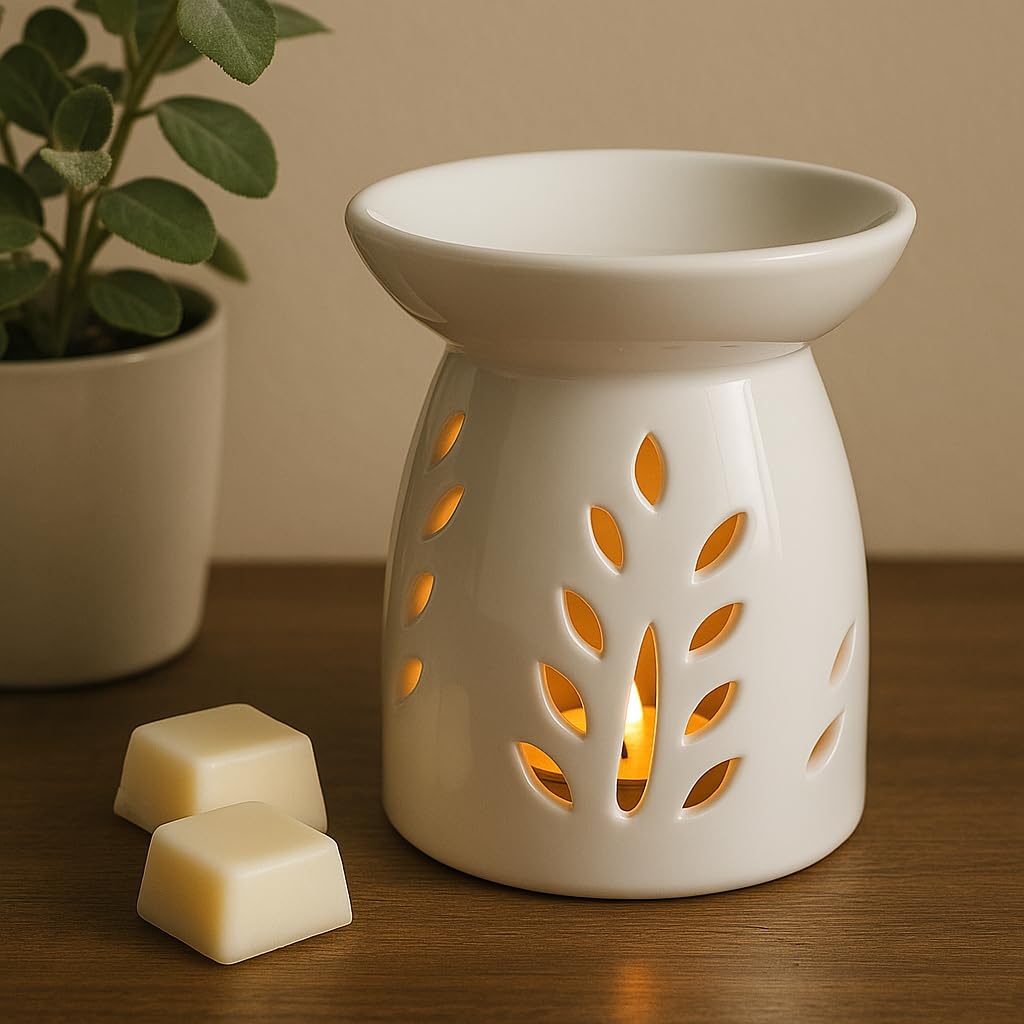 Jrose Collections White Ceramic Wax Melt & Oil Burner – Leaf Cut-Out Design – Tealight Holder For Essential Oils & Aromatherapy – Home Fragrance Decor Jr1523