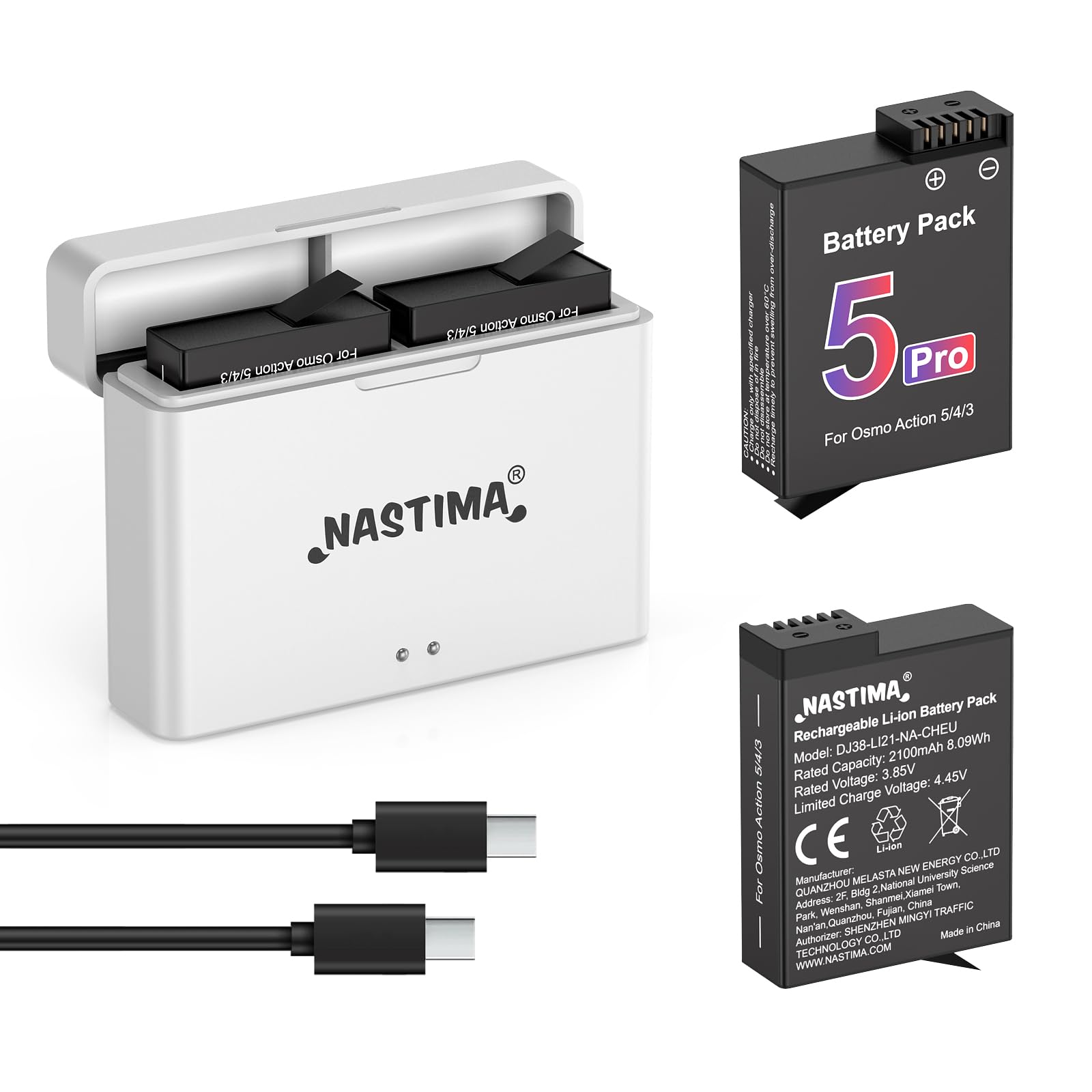 NASTIMA 2100mAh Batería 2-Unidades para dji Osmo Action 5 Pro/4/3, USB Dual | Li-ion Batería de Reemplazo, Carcasa de carga rápida PD, Cable de carga USB-C de dos canales, BMS integrado, larga vida útil