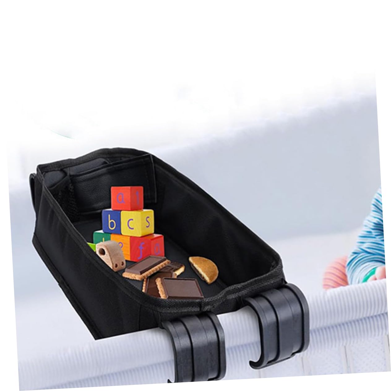 Kinderwagen Tablett mit Snackhalter für Junge Mädchen Verstellbare Clip Essensablage Schwarz und Tragbar für Ausflüge