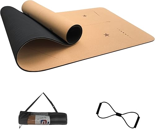 Numat Cork Yoga Mat 6mm (14 inch) Thick 72 x 24 in, Sweatproof NonSlip Eco-friendly, Lightweight TPE foam with Alignment Lines, Great for Hot Yoga,