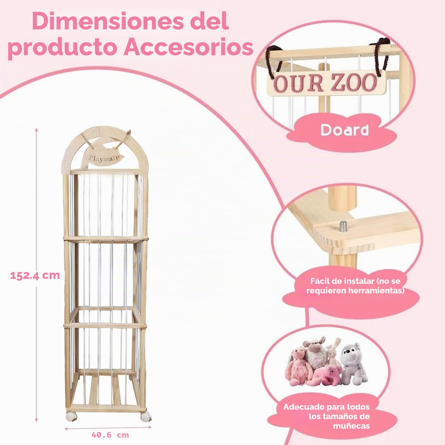 Organizador Peluches En Madera,Organizador Peluches,Guarda Con Reudas a 360°y Frenos,Ahorro De Espacio,Gran Capacidad,Portaositos Para Habitaciones Infantiles,Salas De Juegos,Etc.