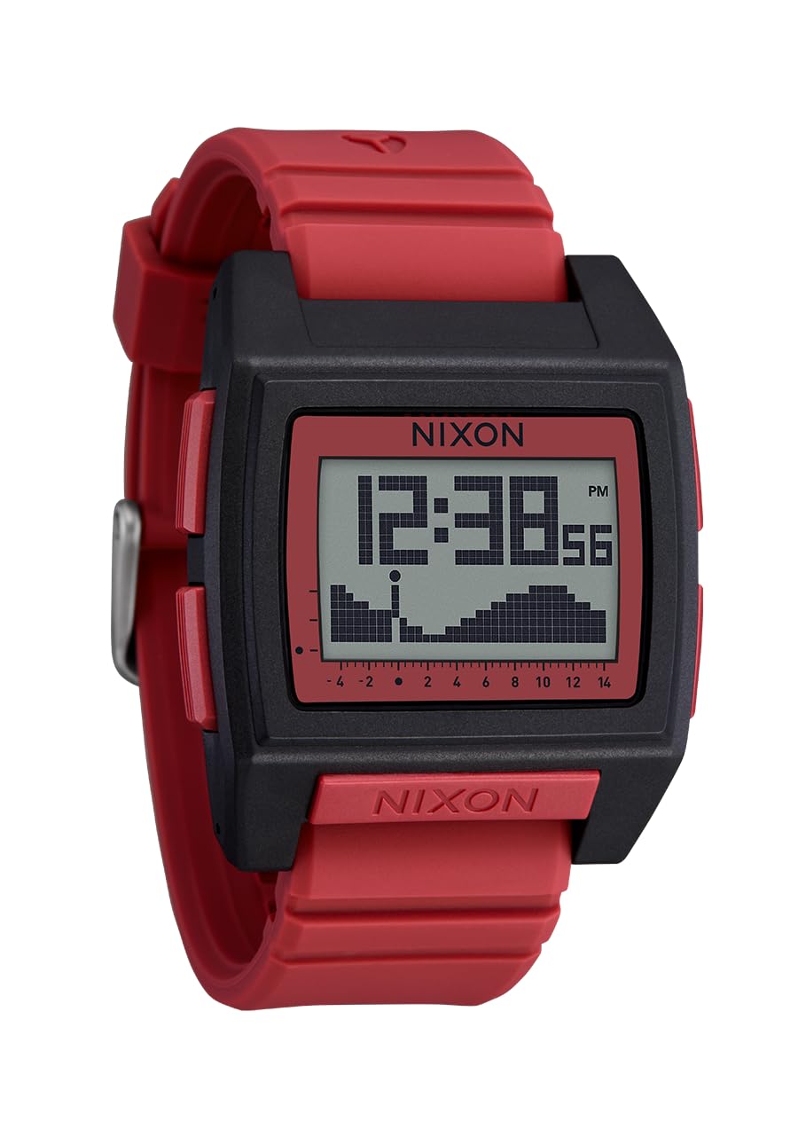 NIXON Base Tide Pro A1307 Digital Watch for Men and Women - Water Resistant Surfing, Diving, Fishing Watch - Water Sport Watches for Men - 42mm Watch Face, 24mm PU Band Black / Hot Sauce
