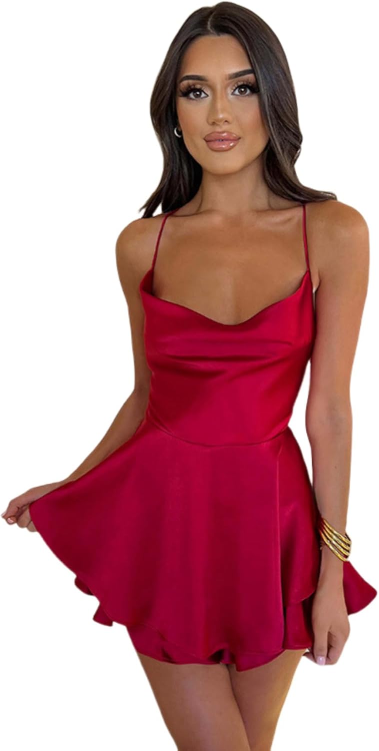 Women's Elegant Satin Backless Mini Dress Sexy Cowl Neck Lace Up Short Dress Spaghetti Strap Tiered Prom Dresses - Image 3